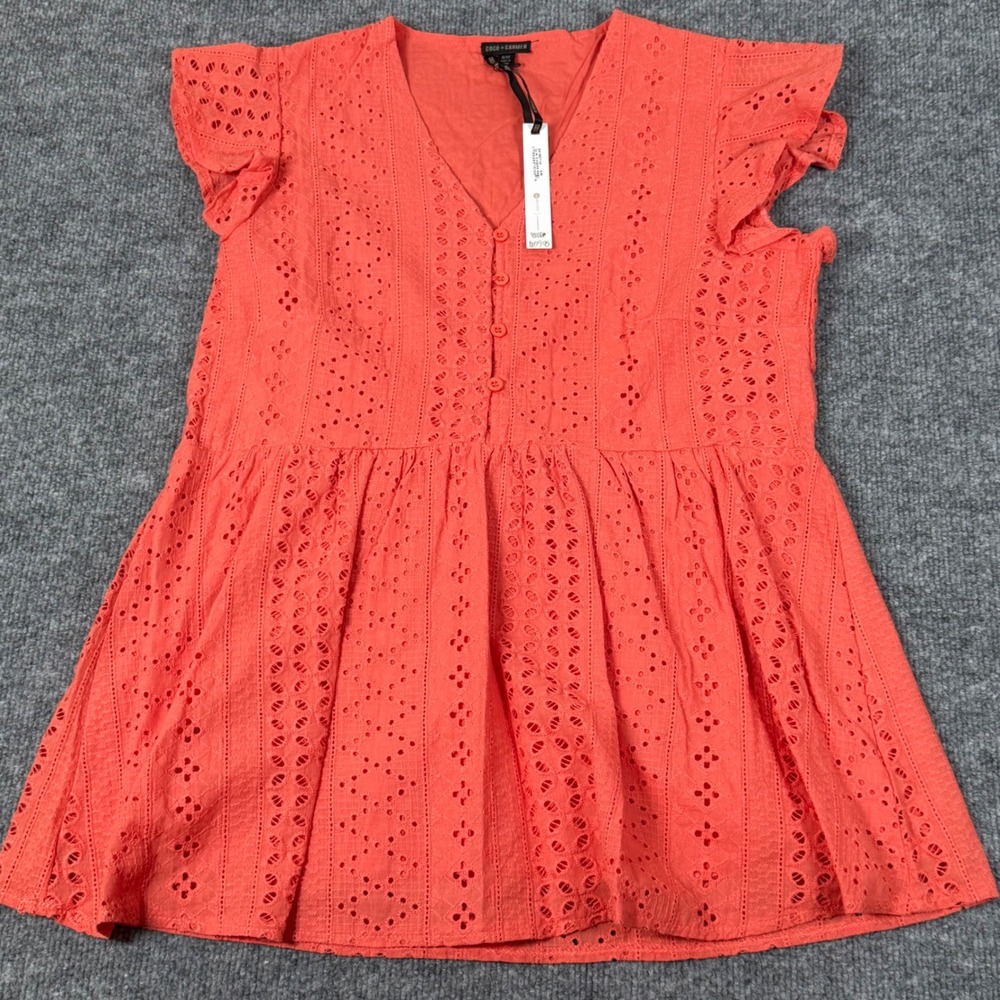 Coco Carmen S/M Eyelet Tunic V Neck Button Front Ruffle Flutter Sleeve Coral